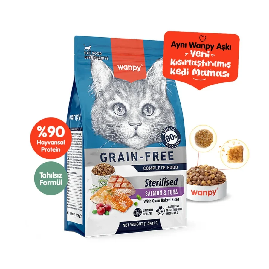 Wanpy Somonlu ve Ton Balıklı Tahılsız Kısırlaştırılmış Kedi Maması 1.5KG